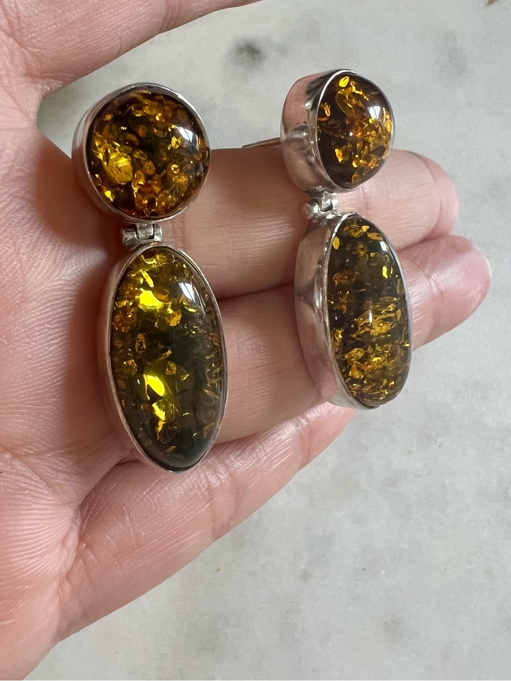 925 Sterling Silver Baltic Amber Dangle Earrings Large Oval Statement 1.5” & 12g